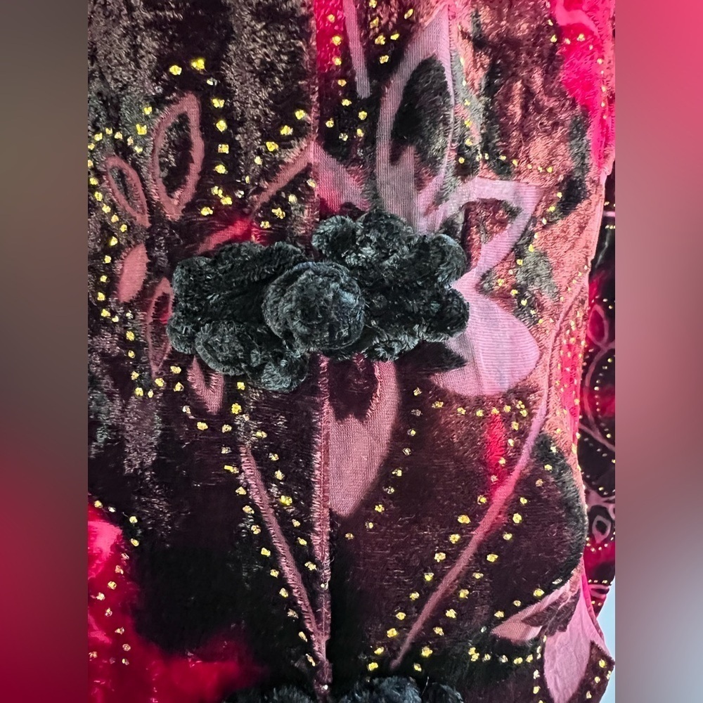 ARIA A Medium Fall Color Velvet Burnout Silk Blend Asian Kimono Top Frog Closure - Picture 10 of 12